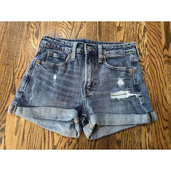 Old Navy Women's 0 OG High Rise Denim Jean Shorts Cuff 3” Inseam Medium Wash EUC - Picture 1 of 8